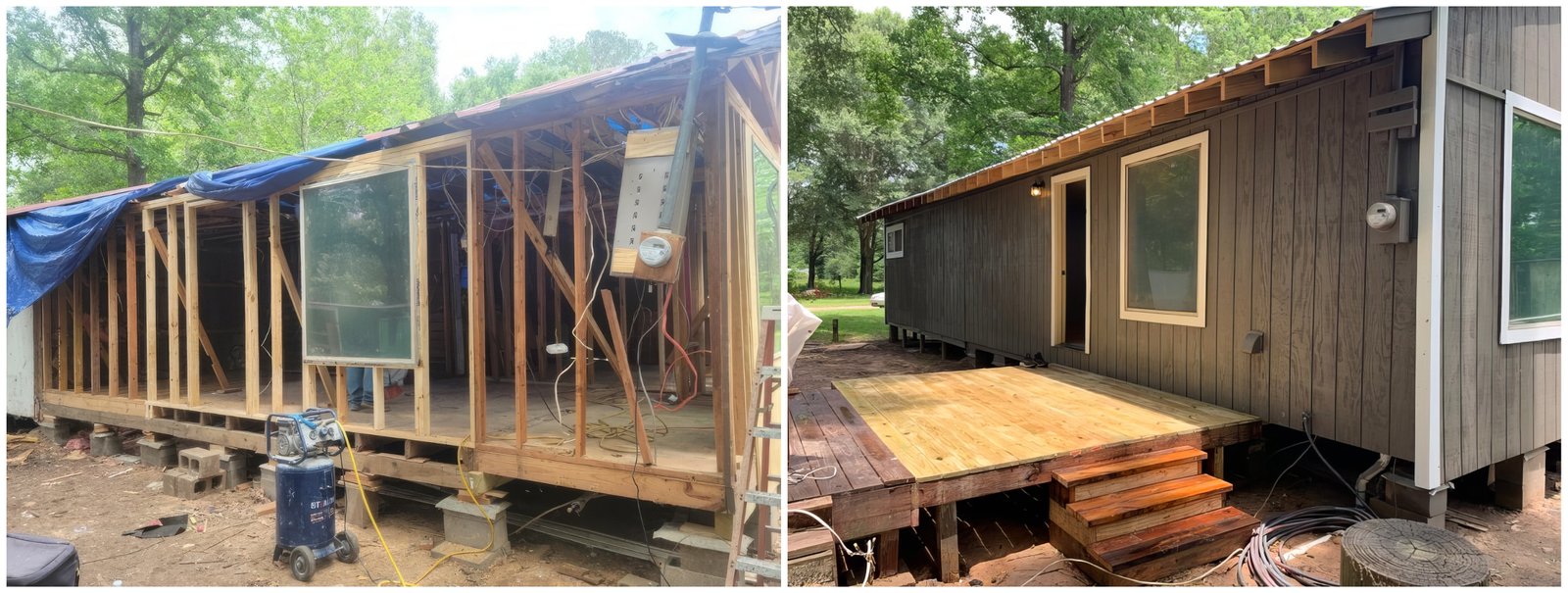 Before and after photo of a repaired house exterior.