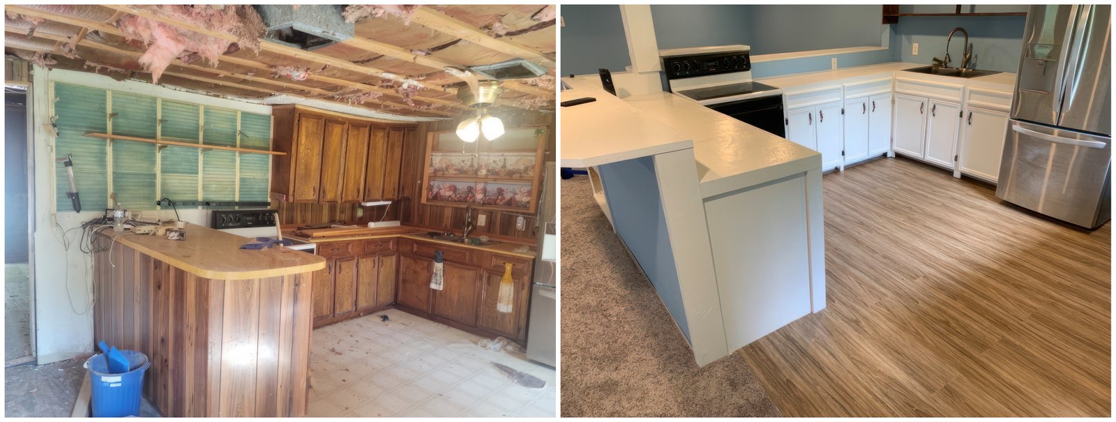 Before and after photo of a remodeled kitchen.